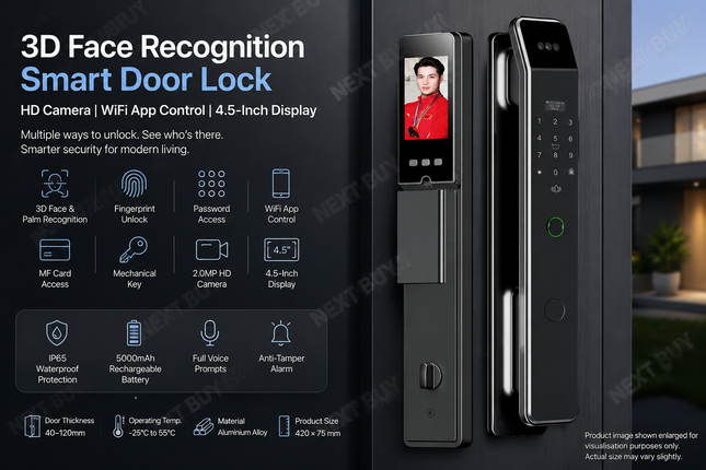 3D Face Recognition Smart Door Lock with HD Camera, Fingerprint, WiFi App Control and 4.5-Inch Display