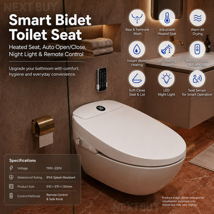 Smart Bidet Toilet Seat with Heated Seat, Auto Open/Close, Night Light, and Remote Control