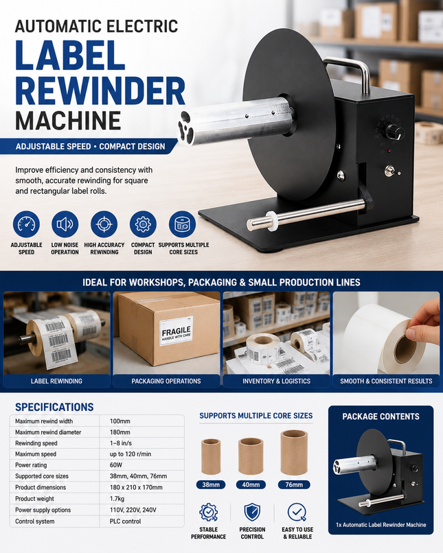 Automatic Electric Label Rewinder Machine Adjustable Speed Compact Design Black