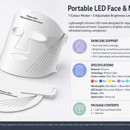 Portable LED Face & Neck Mask 7-Colour with Adjustable Intensity & Remote