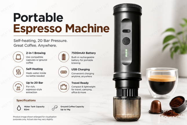 Rechargeable 20 Bar Portable Espresso Coffee Maker with Self-Heating for Travel Camping and Office