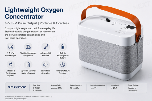 Lightweight Oxygen Concentrator 1-5LPM Pulse Output Cordless Operation Portable for Travel & Home