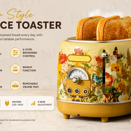 Retro Style 2 Slice Bread Toaster with Defrost Reheat and Crumb Tray 220-240V