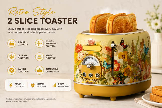 Retro Style 2 Slice Bread Toaster with Defrost Reheat and Crumb Tray 220-240V