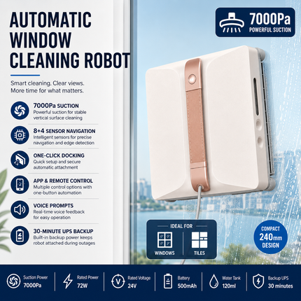 Smart Window Cleaning Robot with 7000Pa Suction, App & Remote Control, Anti-Fall Safety