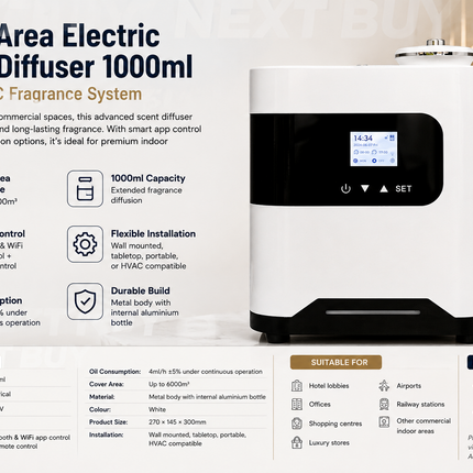 Large Area Electric Scent Diffuser 1000ml Metal HVAC Fragrance System