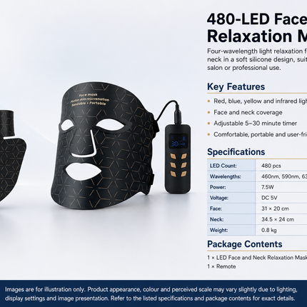 480-LED Face & Neck Skincare Light Mask, 4 Wavelengths with Timer & Remote