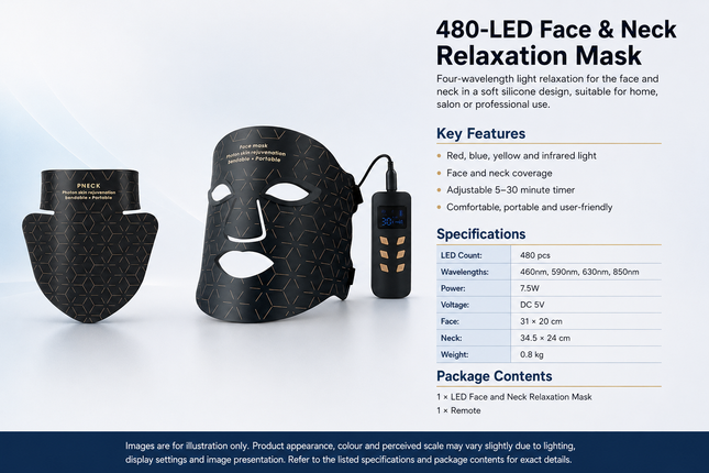 480-LED Face & Neck Skincare Light Mask, 4 Wavelengths with Timer & Remote