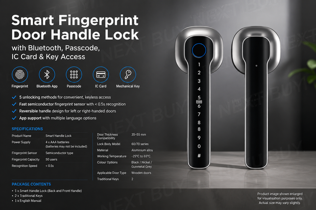 Smart Fingerprint Door Handle Lock with Bluetooth, Passcode, IC Card & Key Access