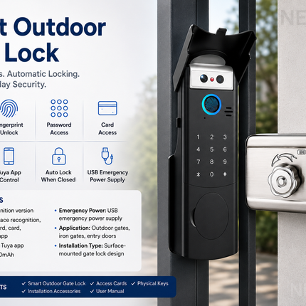 Smart Outdoor Gate Lock, Waterproof Zinc Alloy Design with Fingerprint, Password, Card & App Control