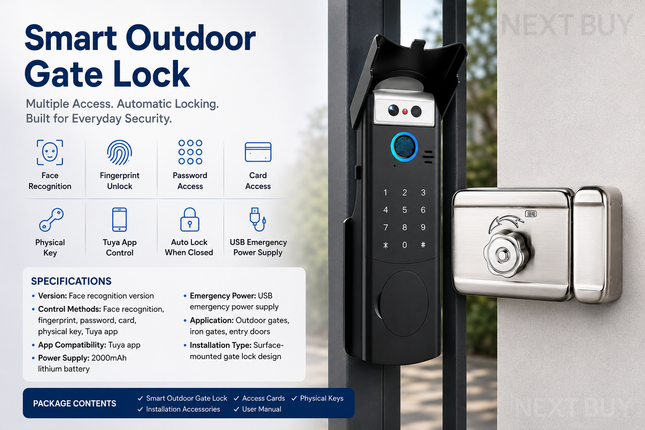 Smart Outdoor Gate Lock, Waterproof Zinc Alloy Design with Fingerprint, Password, Card & App Control