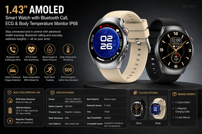 1.43 Inch AMOLED Smart Watch with Bluetooth Call, ECG, HRV & Body Temperature Monitor IP68