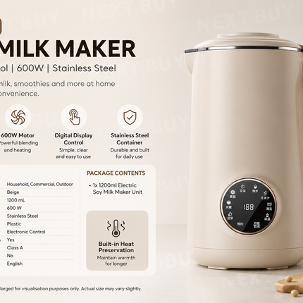 1200ml Stainless Steel Soy Milk Maker Machine Digital Control 600W Kitchen Appliance