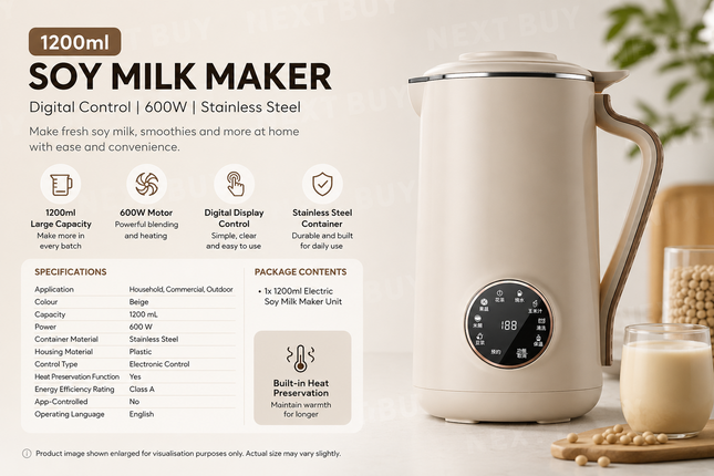 1200ml Stainless Steel Soy Milk Maker Machine Digital Control 600W Kitchen Appliance