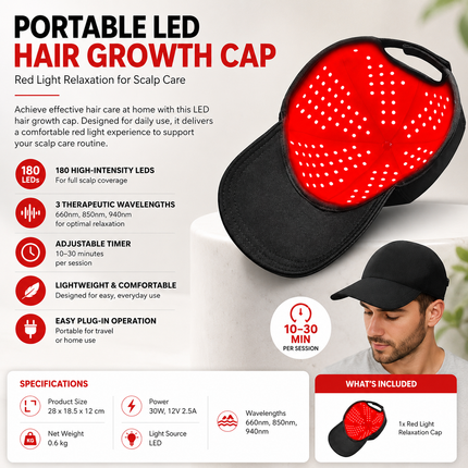 Portable LED Hair Growth Cap with 180 LEDs, Adjustable 10-30min Timer, Red Light Relaxation for Scalp Care