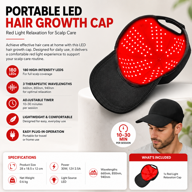 Portable LED Hair Growth Cap with 180 LEDs, Adjustable 10-30min Timer, Red Light Relaxation for Scalp Care