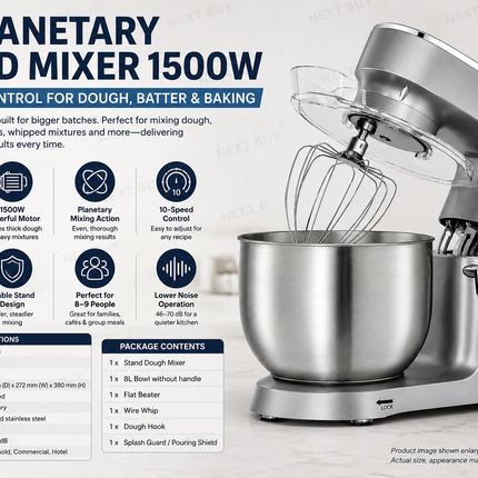 8L Planetary Stand Mixer 1500W – 10-Speed Control for Dough, Batter & Baking