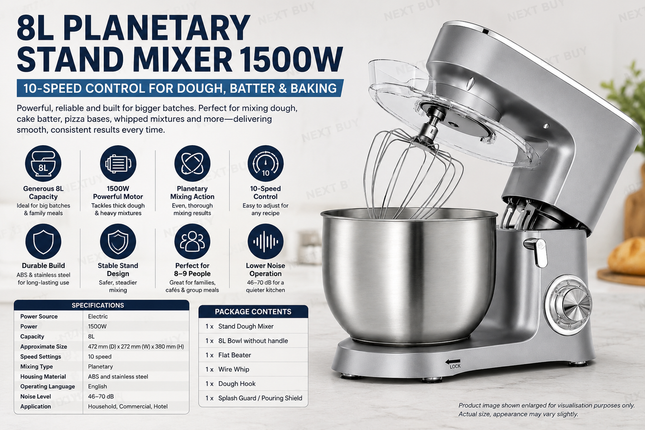 8L Planetary Stand Mixer 1500W – 10-Speed Control for Dough, Batter & Baking