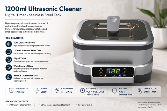 1200ml Ultrasonic Cleaner with Digital Timer Stainless Steel Tank for Jewellery Glasses Watches