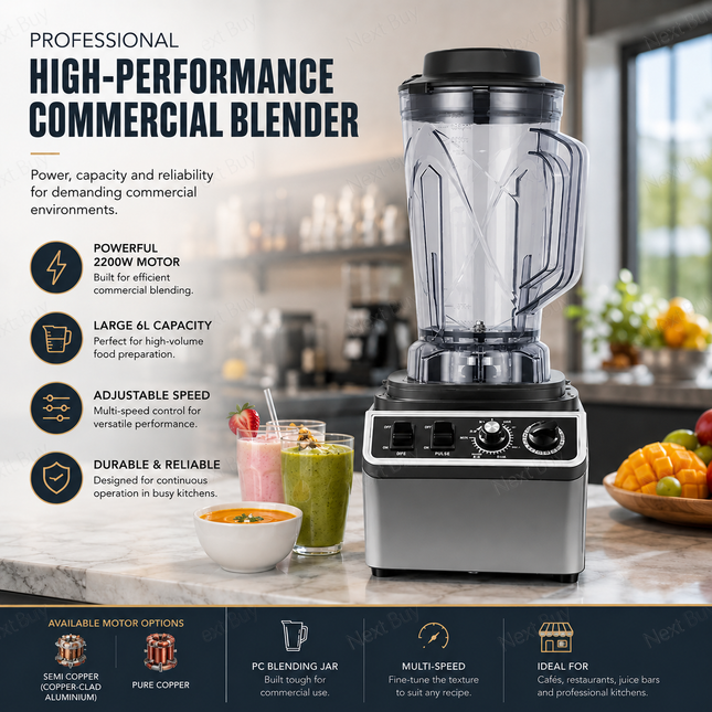 Professional High-Performance Commercial Blender, 6L Jar with 2200W Semi Copper or Pure Copper Motor