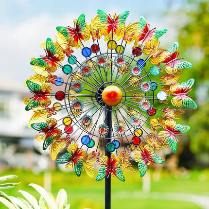 Butterfly & Leaf Metal Windmill Garden Stake Large Outdoor Kinetic Yard Decoration