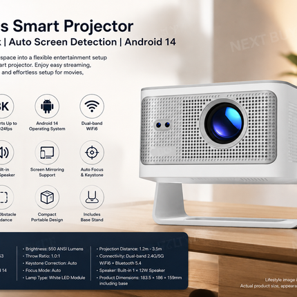 Wireless Smart Projector 8K Playback Auto Screen Detection Android 14 White
