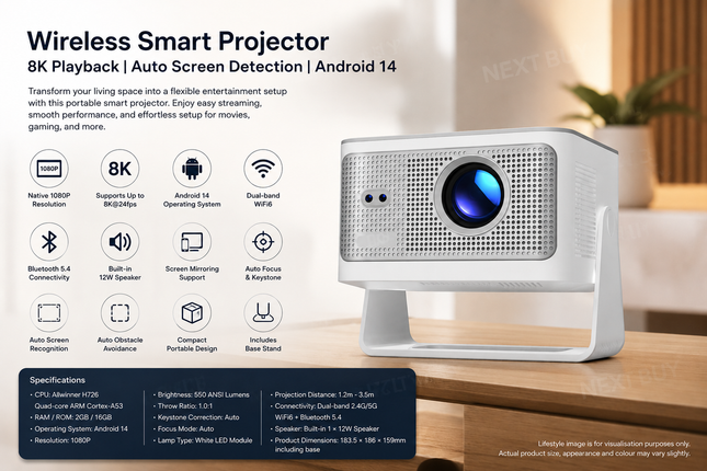 Wireless Smart Projector 8K Playback Auto Screen Detection Android 14 White